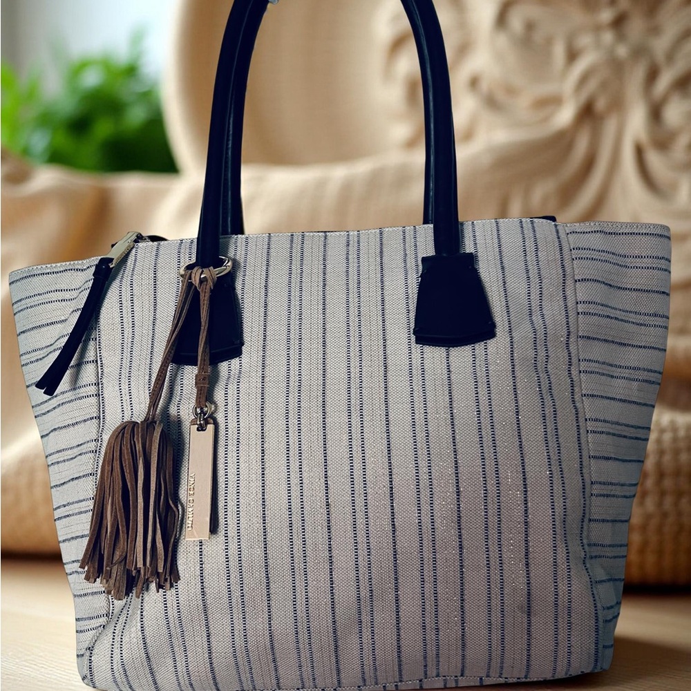 Vince Camuto Neutral and Navy Canvas Tote with Leather Accents - Picture 2 of 10